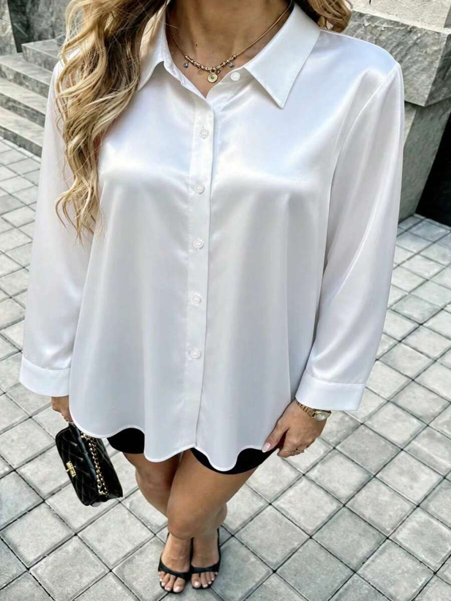 Neu eingetroffene Mode Damen Große Größen Lässig Ganzjahres Satin Mittellange Knopfhemd Weiß - Weiss - Übersicht 1