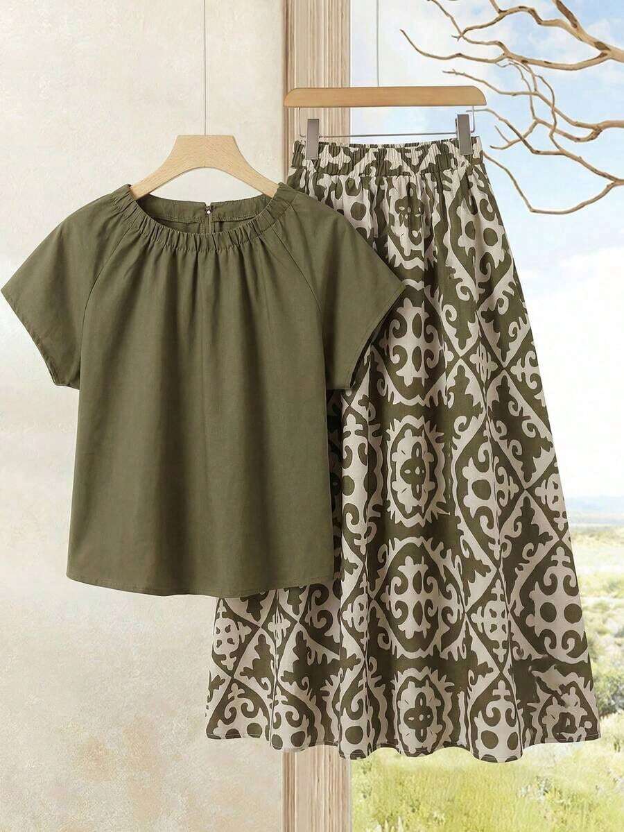 Set de 2 piezas Blusa de unicolor + Falda estampada con flores moradas de estilo casual de vacaciones para mujer, Conjunto de verano para mujer, Conjunto de falda y blusa, Conjunto de falda y blusa para mujer, Conjunto de falda estampada de pri - Multicolor 12 - Ver 1