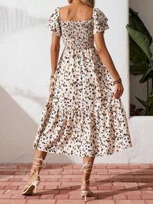 Vestido largo de verano con estampado total, cuello halter, volantes, ideal para vacaciones y playa para mujeres - Albaricoque - Ver 2