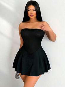 Vestido mini sin tirantes con dobladillo de volantes para mujer - Negro - Ver 9