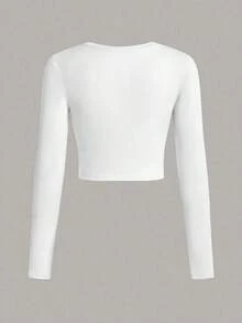 Set de 2 camisetas ajustadas de mujer de cuello redondo, de manga larga y unicolor, aptas para primavera y otoño - Multicolor - Ver 5