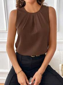 Clasi Blusa sin mangas con detalle de pliegues y escote de ojo de cerradura, blusas sin mangas - Café integral - Ver 5