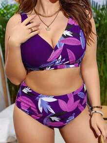 Conjunto de bikini con estampado tropical para la playa de verano en tallas grandes - Morado - Ver 6
