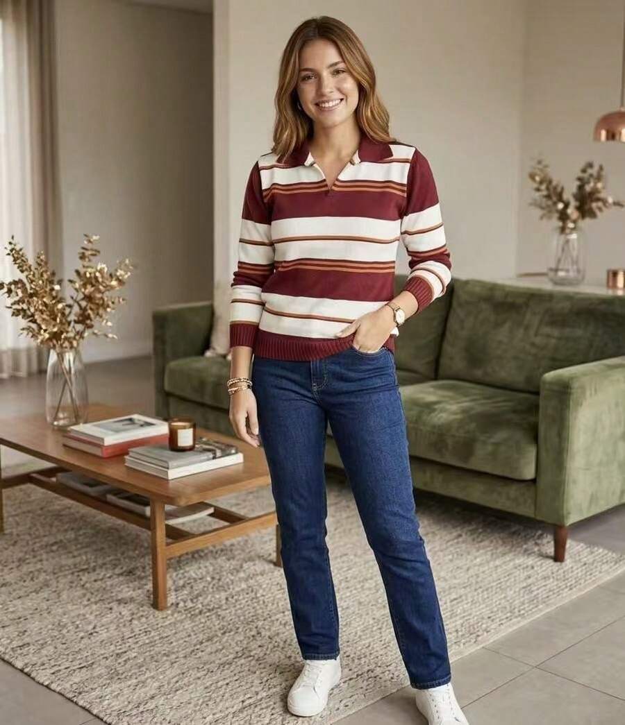 Striped Long-Sleeved Knit Shirt - Burgundy - View 1