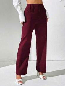 Pantalones rectos de cintura alta de unicolor casual para mujer - Burdeos - Ver 6