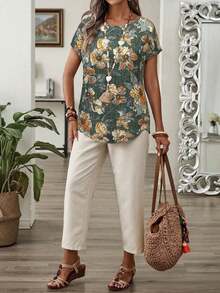Conjunto de dos piezas para vacaciones casuales para mujeres con blusa con mangas murciélago estampada con flores y pantalones largos de unicolor - Verde - Ver 3