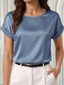Blusa suelta elegante de verano para mujer con cuello redondo, mangas cortas tipo murciélago y unicolor - Blusas de manga corta - Niebla azul - Ver 1