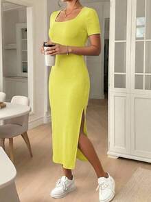 Frenchy Vestido elegante de unicolor de manga corta con abertura simple para mujeres - Amarillo - Ver 1