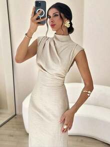 Vestido largo de mujer elegante y casual para uso diario, viajes y moda, con cuello mao, mangas drapeadas y cintura ceñida en color albaricoque - Albaricoque - Ver 1