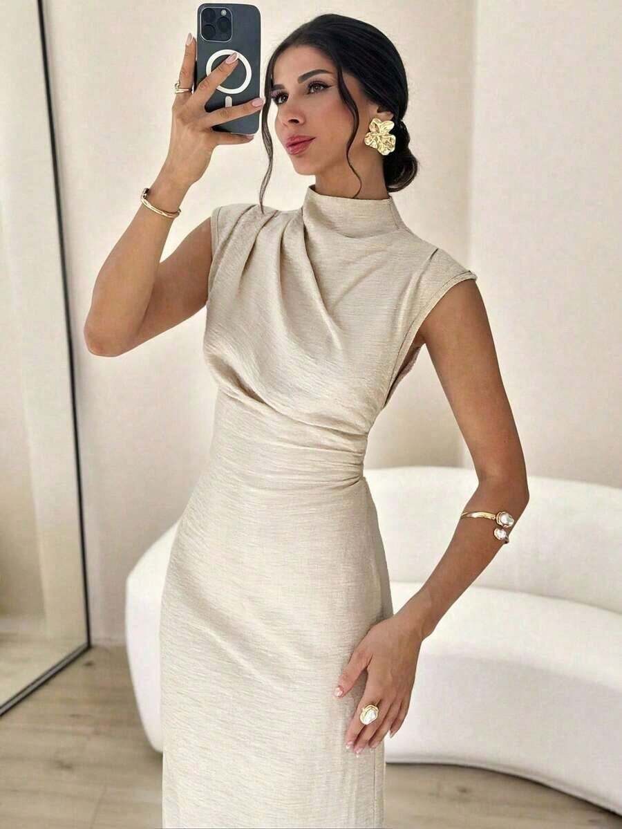 Vestido largo de mujer elegante y casual para uso diario, viajes y moda, con cuello mao, mangas drapeadas y cintura ceñida en color albaricoque - Albaricoque - Ver 1