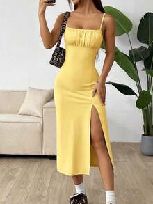 Vestido midi de leopardo con abertura lateral y tirantes - Amarillo - Ver 1
