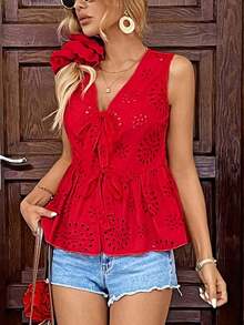Blusa sin mangas de mujer estilo francés casual con cuello en V, encaje floral calado y lazo en rojo - Rojo - Ver 4