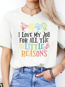 Camiseta casual de primavera y verano con estampado del alfabeto español, cuello redondo, manga corta, camiseta deportiva para mujer - [Blanco] - Ver 6