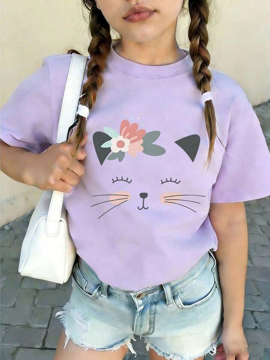 Camiseta de manga corta con cuello redondo y estampado divertido para niñas preadolescentes, top de verano - Verde militar - Ver 1