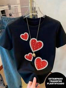 Playera con diseño de corazón color rojo, efecto glitter, pero es estampado, colorido, casual, moderno, cuello redondo, manga corta, ideal para todos los días, llamativa, holgada, a la moda, ideal para tí. 100% algodón, estilo Y2K Bababask - Negro - Ver 6