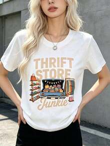 Camiseta Casual de Manga Corta para Mujer - Estilo Vintage de Tienda de Segunda Mano - Para Entusiastas de la Moda de Segunda Mano, Ropa de Mercadillo, Ropa de Verano, Camiseta Oversize, Streetwear Casual, Cuello Redondo, Algodón, Moda de Verano, Ropa Holgada para Mujer, Atuendo Diario, Adecuada para primavera, verano y otoño. - Blanco - Ver 7