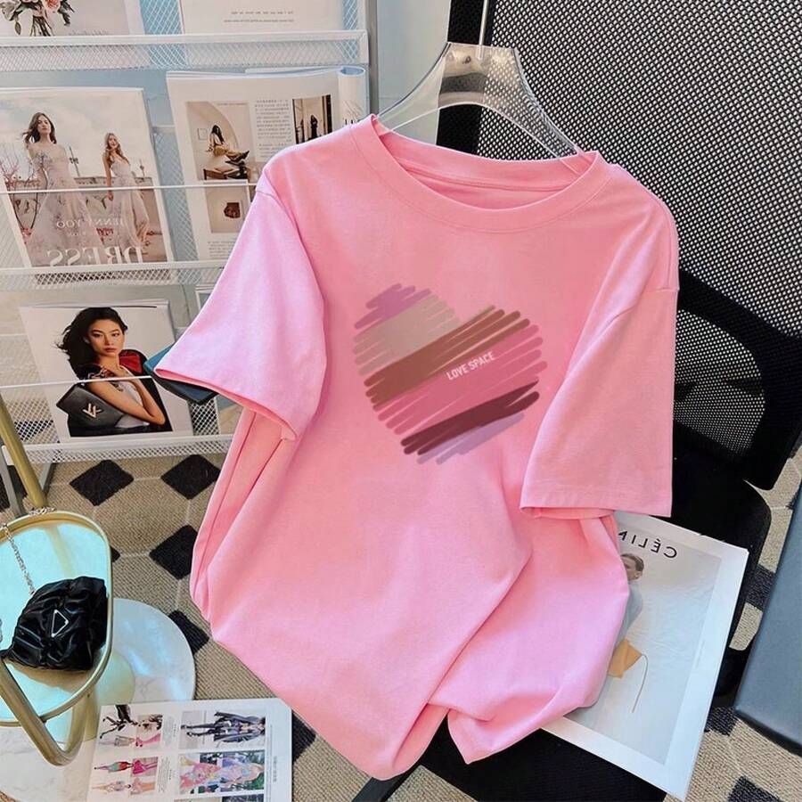 Camiseta con estampado de camisa casual para mujer, manga corta y cuello redondo, moda urbana local de primavera/verano camiseta unisex. RS1E - rosa - Ver 1