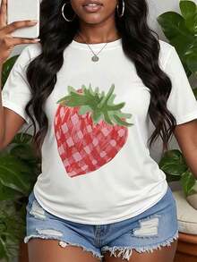 Casual Strawberry Print T-Shirt, Colorful Fruit T-Shirt, Fun Strawberry T-Shirt For Summer/Halloween, Cute Berry T-Shirt, Ideal Gifts For Grandma, Mother And Friends, 100% Cotton, Durable - 白色 - 查看 1