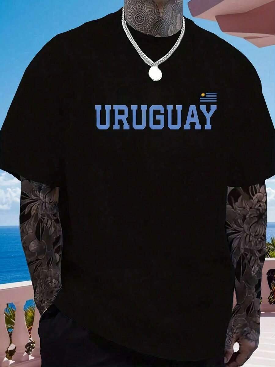 Men's Uruguay-Themed T-Shirt - Short Sleeves With Uruguay Flag And Map Print, White Lettering - Breathable Summer Casual Wear, Perfect For Football Fans, Crew Neck T-Shirt For Uruguay National Team Supporters. Ideal For Gifting. Women's T-Shirt. Stylish. Bohemian Style. Soft, Breathable, And Comfortable Garment, Perfect For Spring, Summer, And Fall; Ideal For Vacations, Travel, And Everyday Wear. Perfect For Watching A Game. - 黑色 - 查看 1