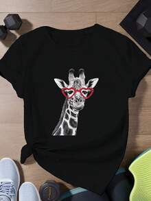 Women's Short Sleeve Sports T-Shirt With Giraffe Design Wearing Heart-Shaped Glasses - A Very Distinctive Printed T-Shirt / Unisex Style / Suitable For Both Men And Women / Wrinkle-Resistant / Breathable - 黑色 - 查看 12