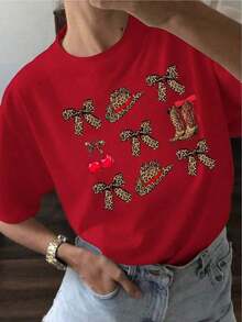 vintage Camisetas Gráficas YOCASA: Camiseta Casual de Verano para Mujer, con Cuello Redondo, Ajustada y de Manga Corta, con Estampados de Pintura al Óleo, Florales, de Corazones, de Cerezas y de Letras. Tela sencilla y casual, estilo deportivo, ideal para uso diario y una cita de San Valentín. 100% algodón.  top playeras de mujer>basico - Rojo - Ver 7