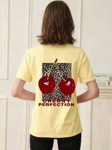 1 pieza de camiseta de verano para mujer con cuello redondo y manga corta, estampado de leopardo y diseño de cerezas, adecuada para verano, playa, calle, uso diario, trabajo, fiesta de oficina, salida, festival, festival de música, Día de San Valentín, fiesta casual, color blanco. - Amarillo - Ver 6