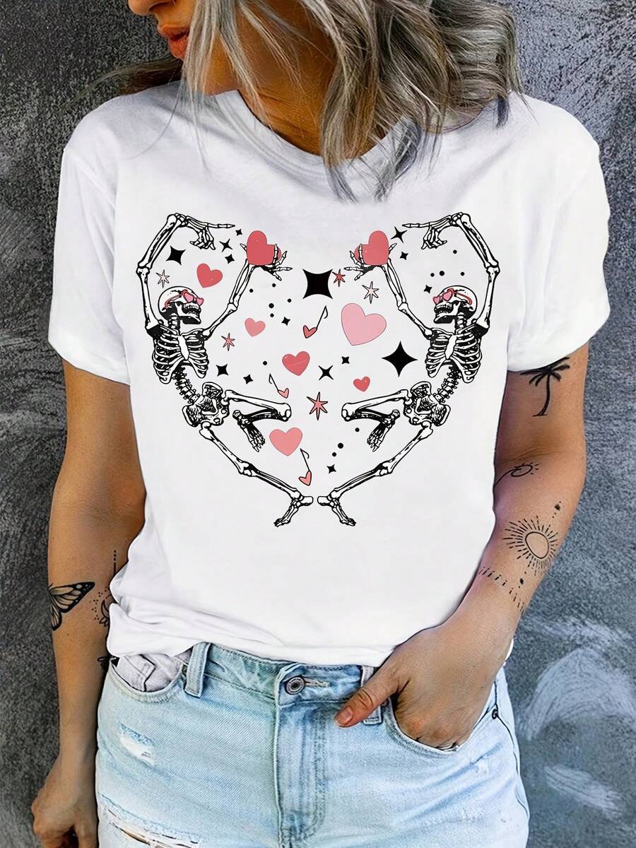 1 camiseta estampada para el Día de San Valentín, camiseta vintage para el Día de San Valentín, calavera bailando, calavera, 180g, 100% algodón - Blanco - Ver 1
