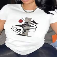 Camiseta casual de algodón para mujer, manga corta, cuello redondo y estampado artístico japonés. - Blanco - Ver 1