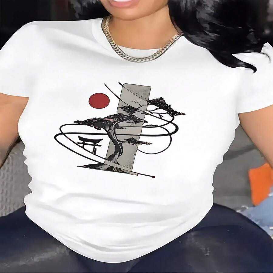 Camiseta casual de algodón para mujer, manga corta, cuello redondo y estampado artístico japonés. - Blanco - Ver 1