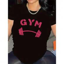 Women's Graphic Print Cotton T-Shirt, Short Sleeve, Round Neck, For Gym, Weightlifting, Training, Casual Streetwear, Ideal For Fitness And Everyday Wear. - 黑色 - 查看 5