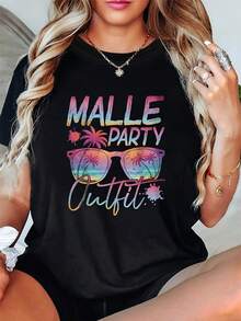 Women's Modern, Casual T-Shirt, Perfect For Parties And Lounging At Home. 100% Cotton, Loose Fit. Plus Size. MALLE PARTY Outfit, Women's Graphic Print T-Shirt, Short Sleeves, Round Neck, Casual Top For Summer And Spring, Women's Clothing. - 黑色 - 查看 7