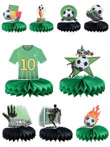 9pcs Football Themed Honeycomb Paper Decorations, World Cup Honeycomb Desktop Center Decor Football Sports Party Tabletop Decor, Suitable For Birthday Baby Shower Football Fan Party Supplies, Photo Props Decor, Birthday Decorations, Party Favors, Desktop Center Decor, Holiday Party Supplies, World Cup Decorations - A - View 1