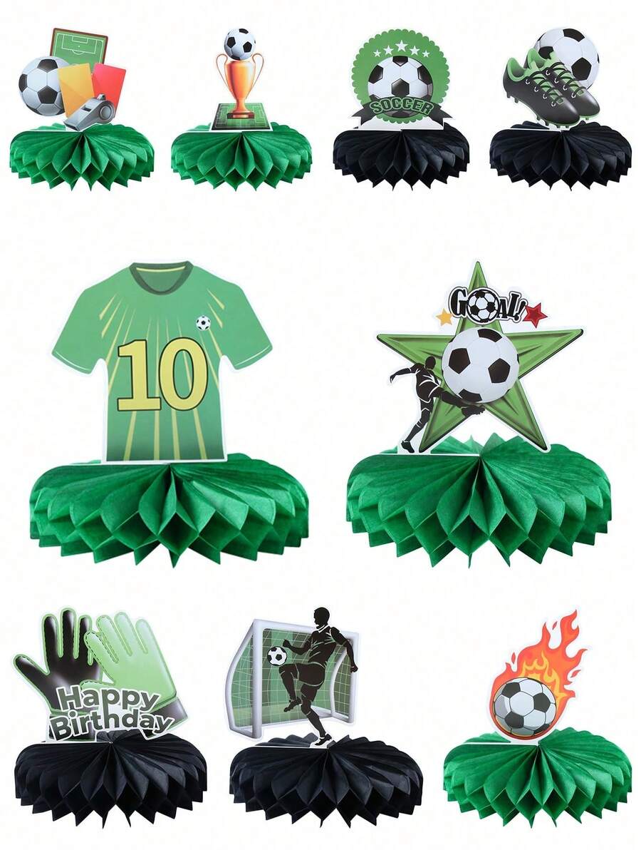 9pcs Football Themed Honeycomb Paper Decorations, World Cup Honeycomb Desktop Center Decor Football Sports Party Tabletop Decor, Suitable For Birthday Baby Shower Football Fan Party Supplies, Photo Props Decor, Birthday Decorations, Party Favors, Desktop Center Decor, Holiday Party Supplies, World Cup Decorations - A - View 1