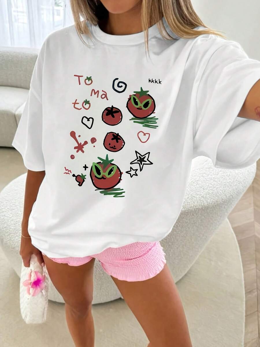 Fashionable Custom Crew Neck Design For Women, With A Cute Cartoon Tomato Print And Lettering, Versatile For Everyday Wear, Slimming, Casual And Comfortable Short Sleeve T-Shirt - Unisex Urban Vintage Style Loose Cotton T-Shirt With Crew Neck And Short Sleeves. - 白色 - 查看 1