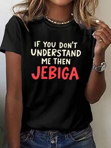 Women's Casual Short-Sleeved Crew Neck T-Shirt With Eye-Catching 'JEBIGA' Text In Red, Perfect For Spring And Summer - 黑色 - 查看 1