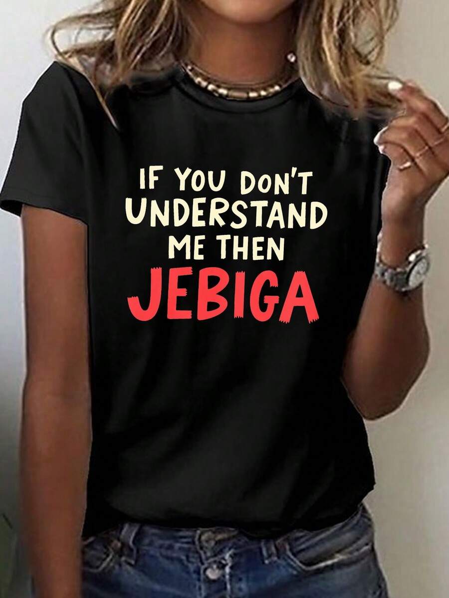 Women's Casual Short-Sleeved Crew Neck T-Shirt With Eye-Catching 'JEBIGA' Text In Red, Perfect For Spring And Summer - 黑色 - 查看 1