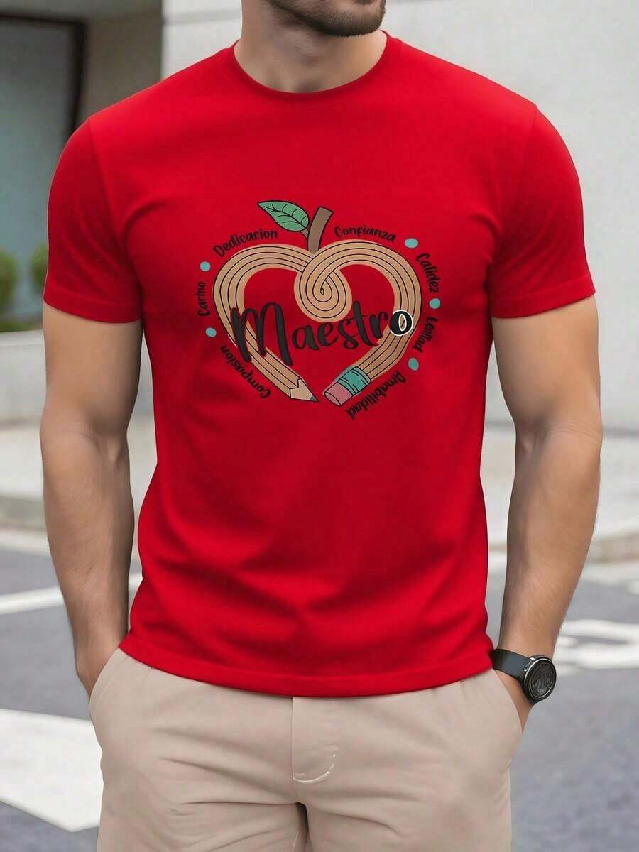 Imagen de una manzana formada por lápiz y borrador que simboliza la educación la creatividad la confianza y la dedicación del maestro transmitiendo gratitud respeto e inspiración para quienes ense?an con pasión camiseta de hombre talla grande 100% algodón - Rojo - Ver 1