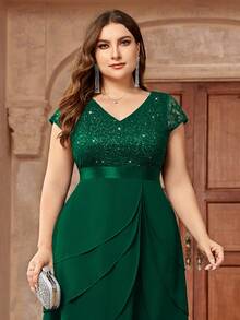 Plus Size Sequin Lace V-Neck Contrast Ruffle Hem Chiffon Cocktail Party Full Skirt, Wedding Guest Dress, Homecoming Elegant Summer - Dark Green - View 10