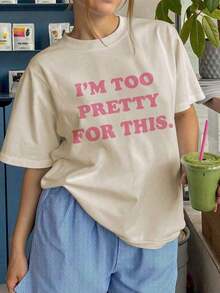 Camiseta gráfica informal de manga corta con el eslogan "Soy demasiado bonita para esto", adecuada para el verano, camiseta estampada para mujer, camiseta suave y transpirable, camiseta casual ligera, atuendo para el día del partido, regalo para el Día de San Valentín, camiseta para el Día de San Patricio, camiseta de uso diario, camiseta para todas las estaciones, atuendo casual para mujer, camiseta estampada linda. tops de mujer camisetas - Estilo - Ver 1