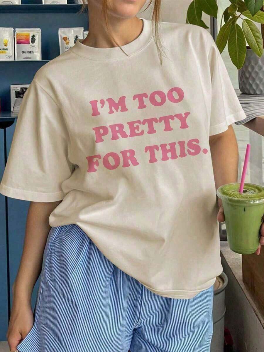 Camiseta gráfica informal de manga corta con el eslogan "Soy demasiado bonita para esto", adecuada para el verano, camiseta estampada para mujer, camiseta suave y transpirable, camiseta casual ligera, atuendo para el día del partido, regalo para el Día de San Valentín, camiseta para el Día de San Patricio, camiseta de uso diario, camiseta para todas las estaciones, atuendo casual para mujer, camiseta estampada linda. tops de mujer camisetas - Estilo - Ver 1