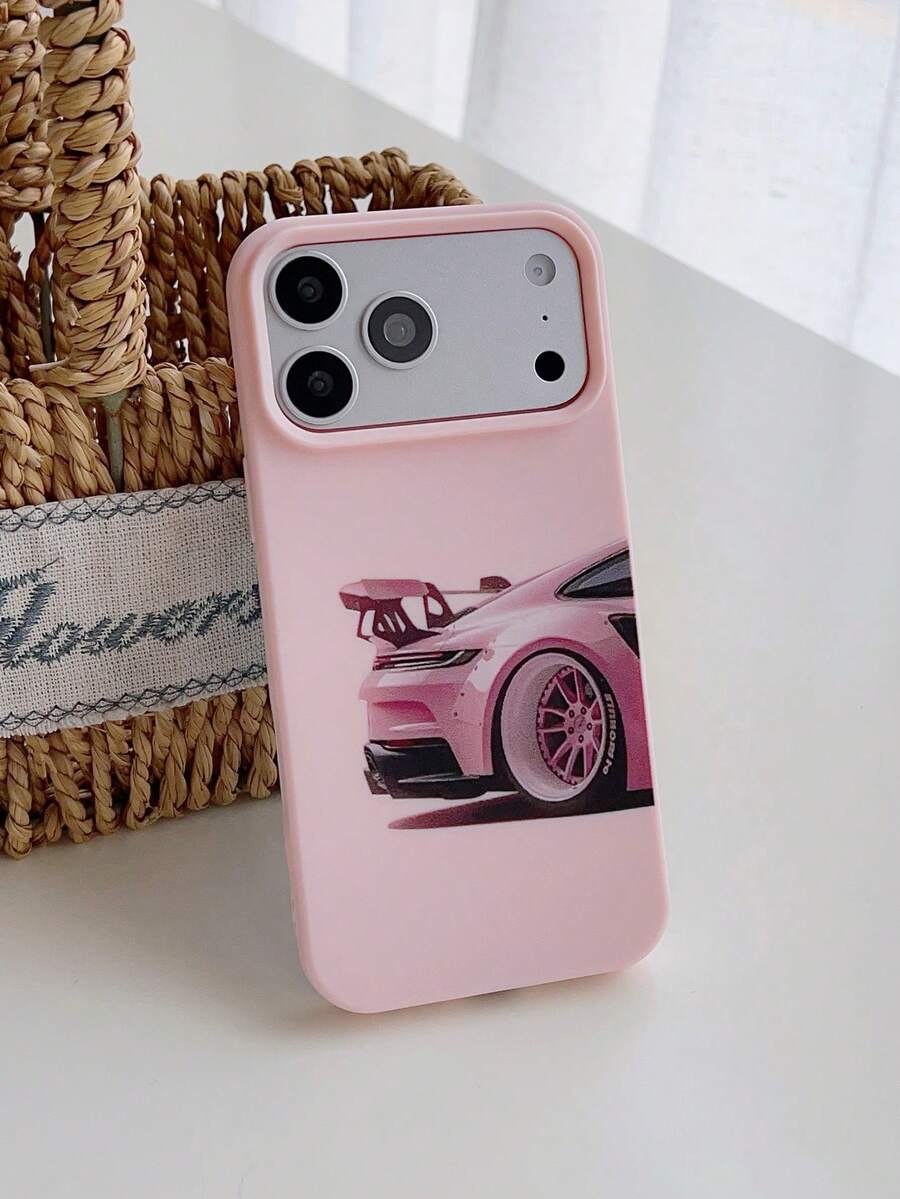 1pc Fashionable Pink Sports Car Pattern Liquid Silicone Soft Phone Case, Shock-Proof Protective Cover Compatible With Apple 11/12/13/14/14Plus/15/15Plus/16/16Plus/7/8Plus/17/17Pro - Multicolor - View 1