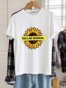 Camisetas de Algodón con Cuello Redondo y Estampado Gráfico para Mujer, Estampado con el Logo de Girasol de Dollar General, Camisetas Casuales de Manga Corta de Talla Grande, Camisetas Unisex, Camisetas de Moda para Mujer de Primavera y Verano. - Blanco - Ver 3