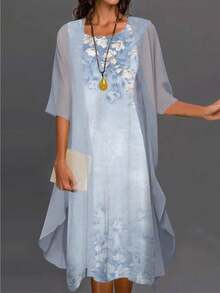 Elegante vestido midi boho para mujer con apliques florales, manga corta, cuello redondo y dobladillo asimétrico para uso casual y de fiesta - Azul - Ver 1