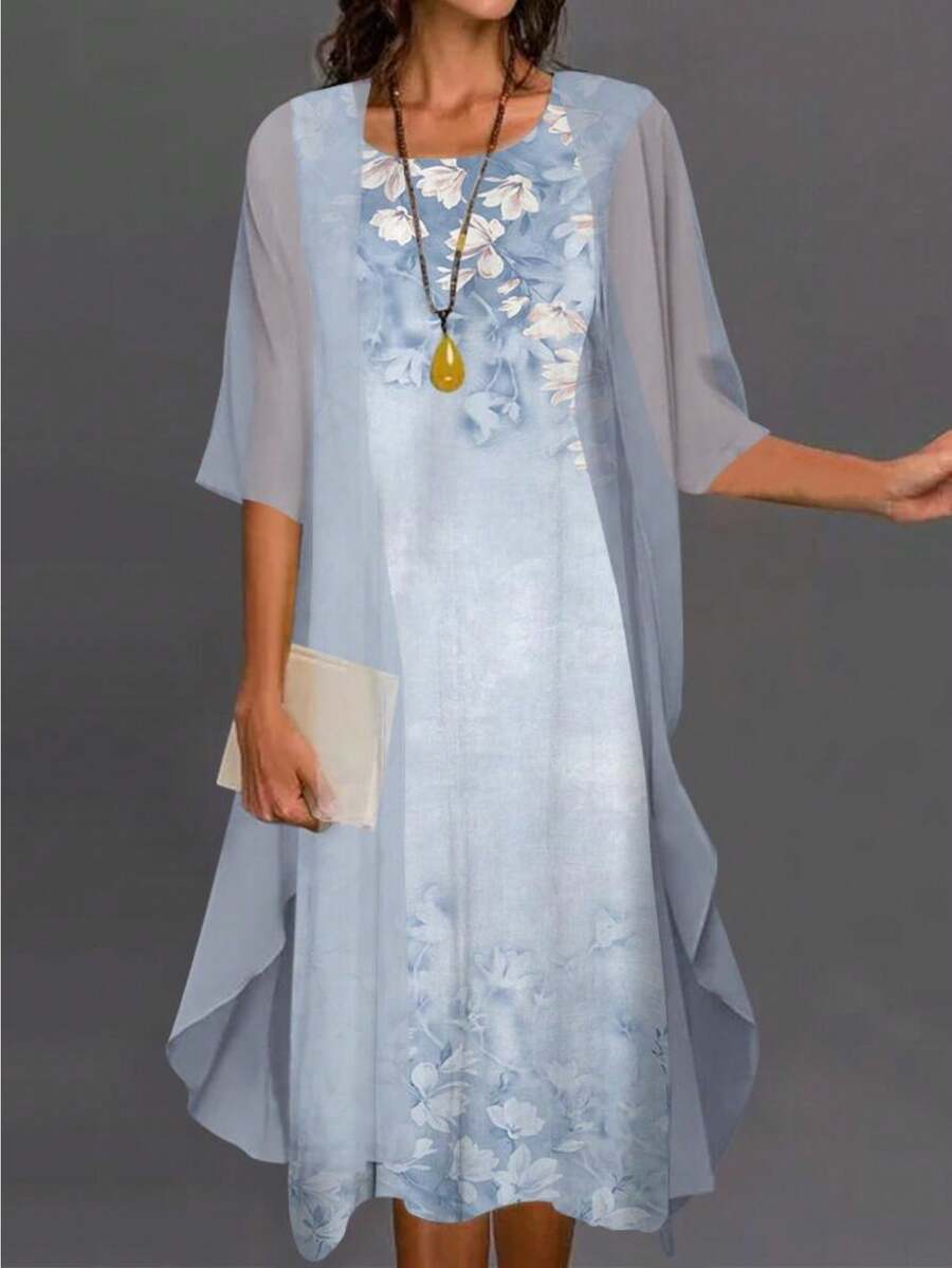 Elegante vestido midi boho para mujer con apliques florales, manga corta, cuello redondo y dobladillo asimétrico para uso casual y de fiesta - Azul - Ver 1