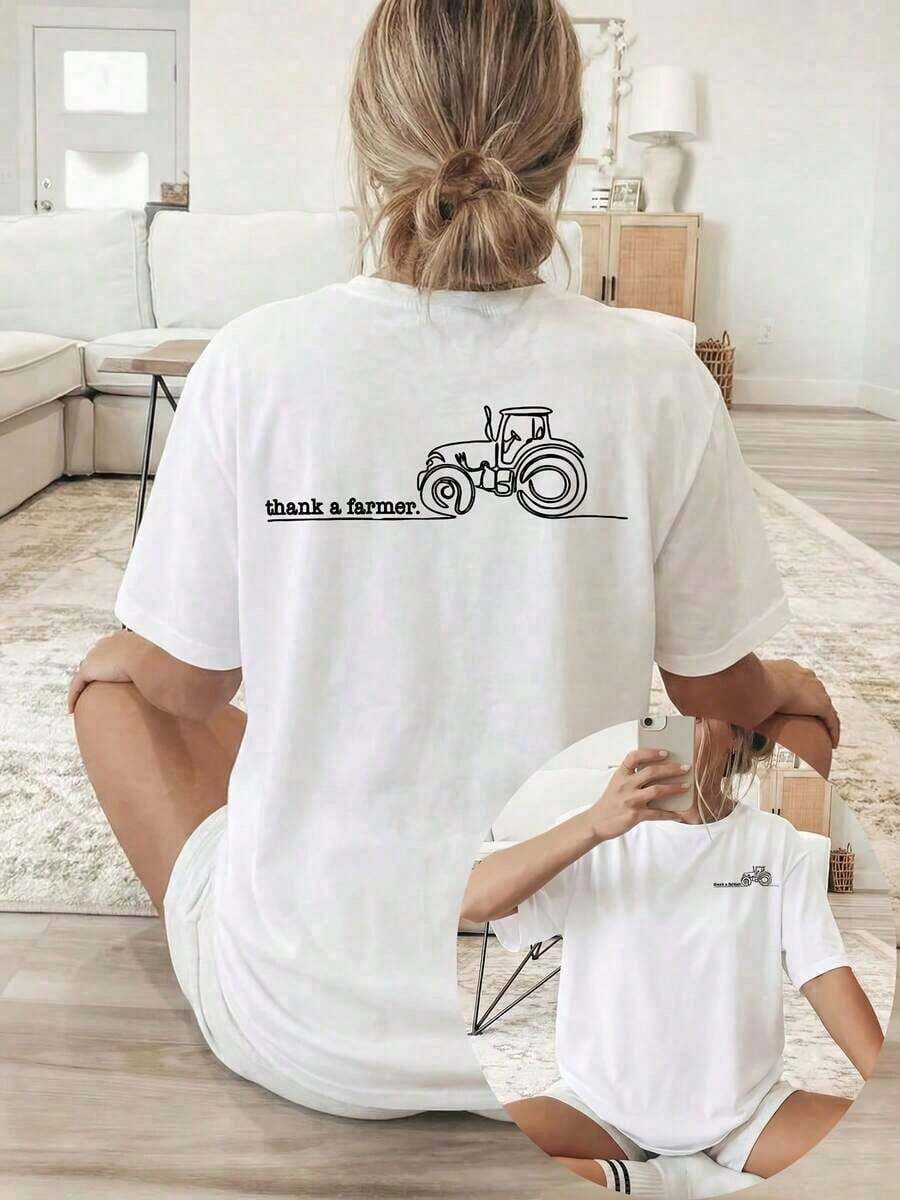 Camiseta de manga corta con cuello redondo para mujer, ideal para vacaciones de verano, con un estampado de tractor y el texto "Gracias a un agricultor". Lavable a máquina, adecuado para uso casual, ropa multiusos, moderna y tipo camiseta, material cómodo, 100% algodón. - Blanco - Ver 1