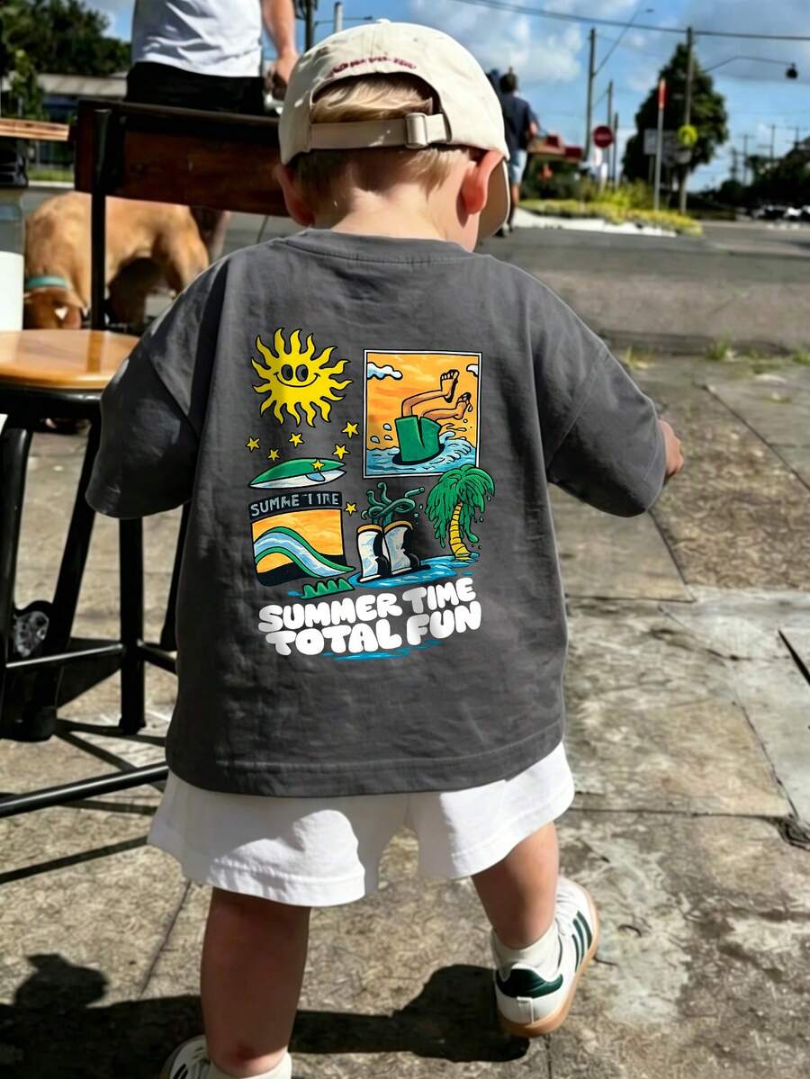 Baby Boy Summer T-Shirt "Summer Fun Time" Beach Surfing Print White Short Sleeve Casual Top, Comfortable Breathable Infant Tee - Dark Grey - View 1
