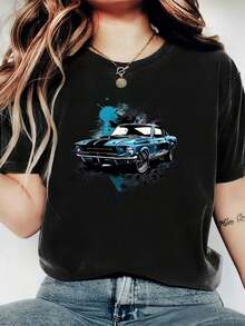 Camiseta De Cuello Redondo Con Estampado De Modara Mujer - Blusa De Cuello Redondo Casual De Manga Corta - Ligera Y Transpirable Para Todas Las Estaciones, Poliéster, 1 Pieza, 180g_1 Round N - Negro - Ver 6