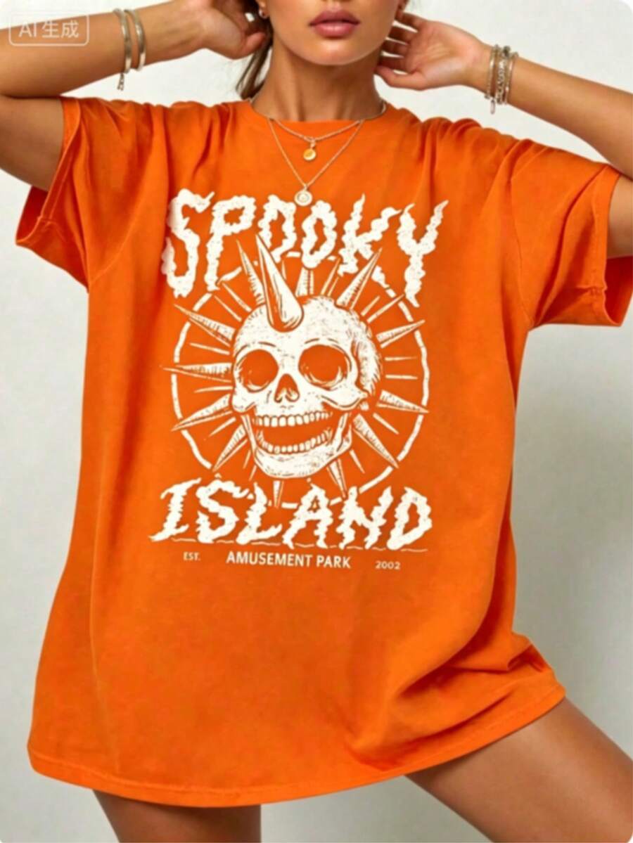 Gothic Punk Cotton T-Shirt,Spooky Island Skull Graphic Tee,Womens Street Concert Summer Top,Short Sleeve,Dark Aesthetic,Y2K Style,Edgy Fashion - 橘色 - 查看 1