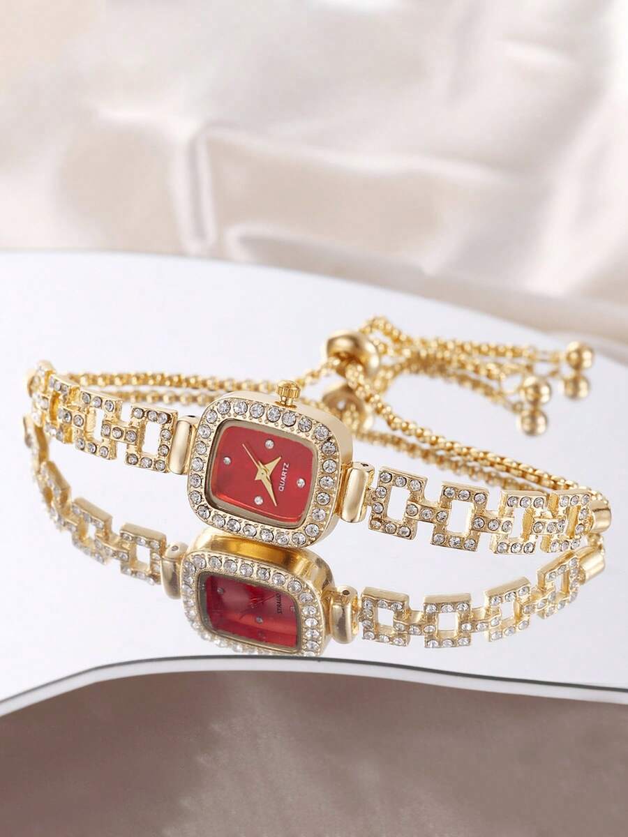 1pc Business Elegant Women's Gold Square Case Rhinestone Dial Square Crystal Inlaid Pull-Out Adjustable Bracelet Hip-Hop Style Quartz Watch - Red - View 1