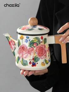 1pc Rose Enamel Teapot, Kettle, Large Capacity Teapot, Suitable For Gas Stove And Induction Cooktop, Universal Tabletop Decorative Enamel Teapot - Rose Enamel Pot - View 12